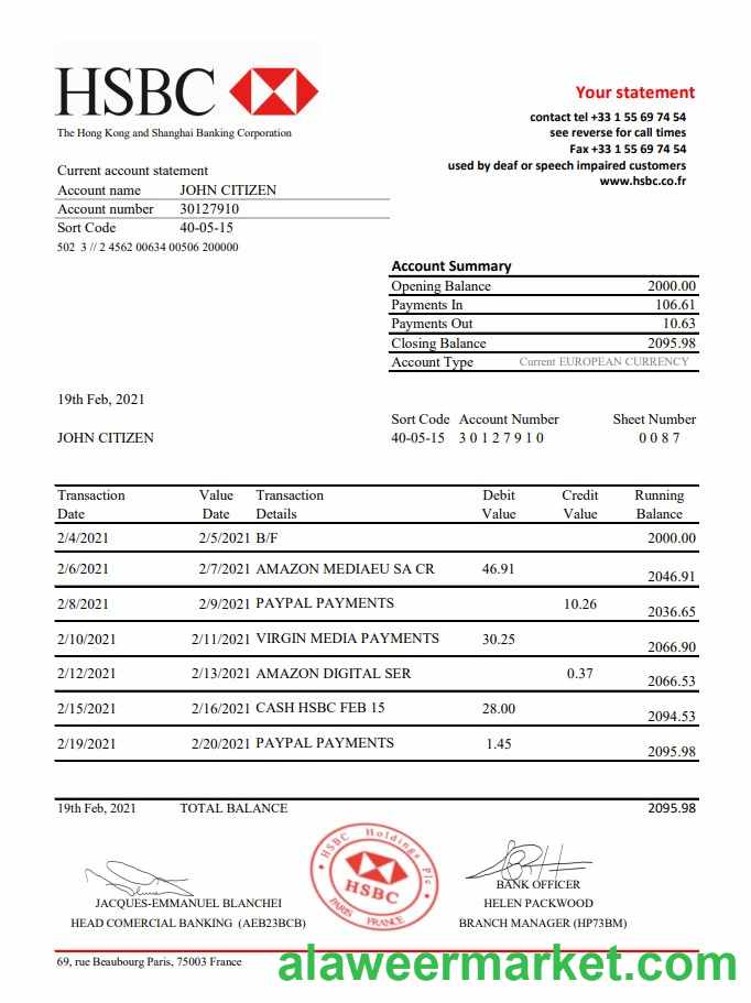 France HSBC bank statement template in .xls and .pdf file format